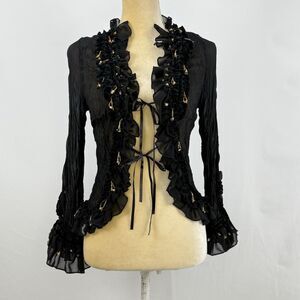 Lucy Collection Black Sheer Ruffle Beaded Tie Front Blouse Top S/M Boho Party